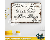 a picture of a sign that says, bless the food before us, the family