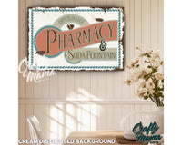 a pharmacy sign hanging on the wall above a table