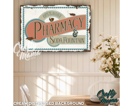 a pharmacy sign hanging on the wall above a table