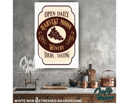 a kitchen with a sign that says, open daily harvest moon winery tours tasting