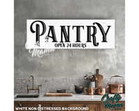 a kitchen with a sign that says pantry on it