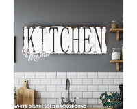 a kitchen sign hanging on the wall above a sink