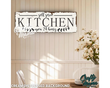 a kitchen sign on a wall above a table