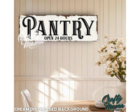 a sign that says pantry on a wall above a kitchen sink