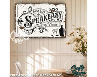 a kitchen with a sign that says speakeasy live music